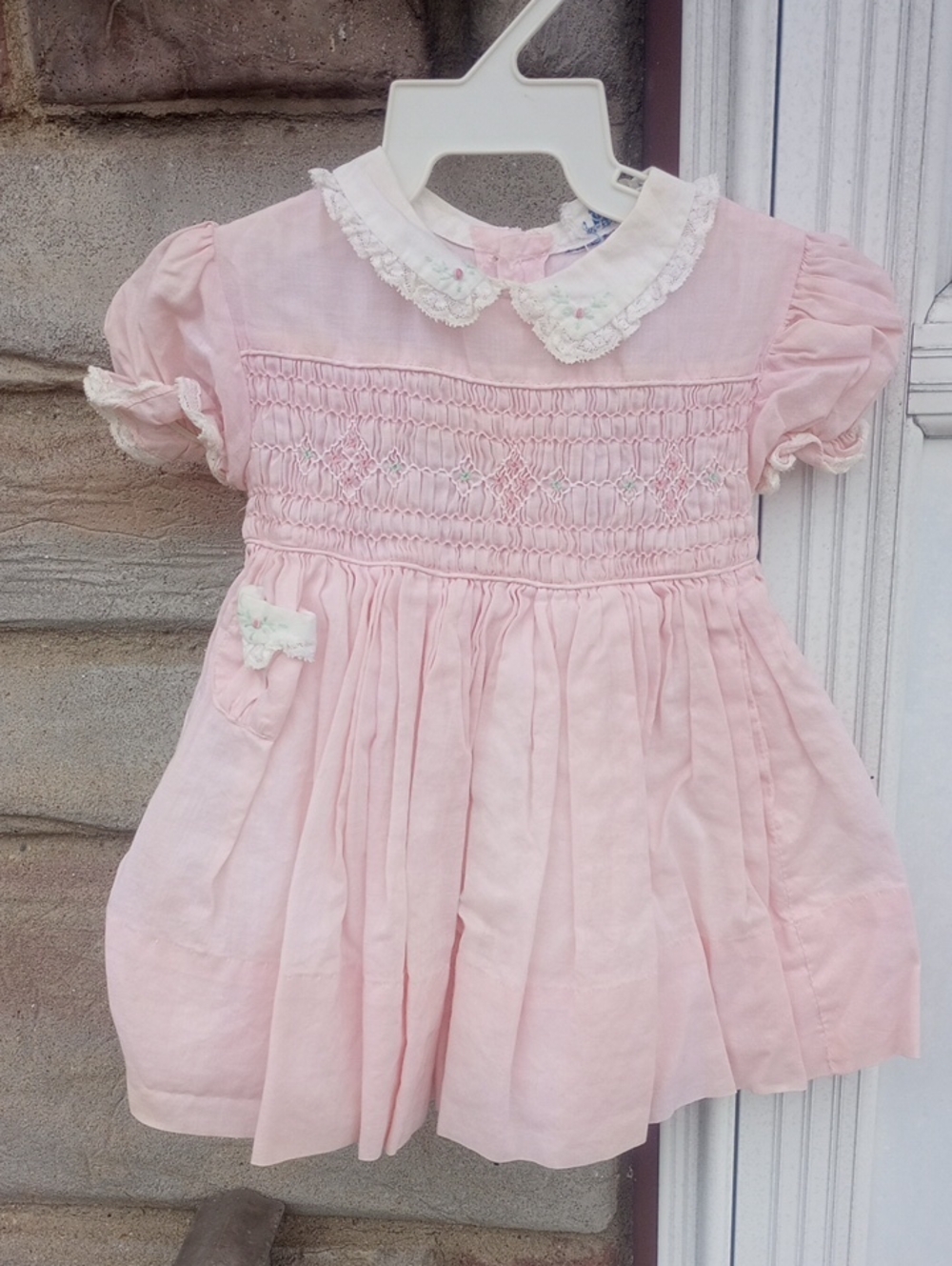 Saks Fifth Ave Vintage Pink Smocked Embroidered Dress w/ Lace Trim, 9 Months?